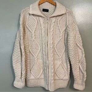 Native Knit Hand Made Ivory 100% Wool Full Zip Cable Knit Fisherman Sweater M